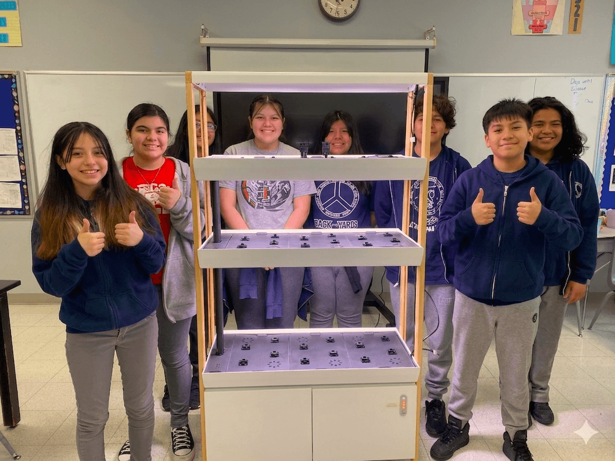 Fully assembled 3-tier hydroponic system at Augustin Lara Academy.